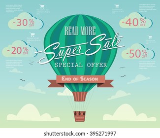 Super tag sale in a hot air balloon flying in the sky. Sale background. Big Sale. Sale tag. Sale poster. Sale vector. Super Sale and special offer. 50% discount. Vector illustration.