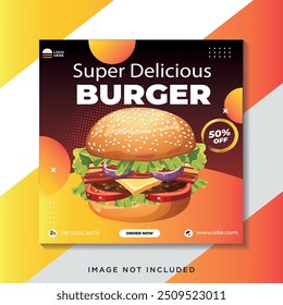 Súper sabrosa Plantilla de hamburguesas para las redes sociales. Descuento en la venta de hamburguesas. Anuncio con entrega gratuita.