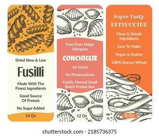 Super Tasty Fettuccine, Clean And Simple Ingredients Easy To Make. Vegan And Kosher Meal, Fusilli And Conchiglie Spaghetti Of Durum Wheat. Good Source Of Protein, Labels. Vector In Flat Style