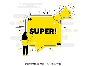 Super text. Alert megaphone chat banner with user. Special offer sign. Best value promotion symbol. Super chat message loudspeaker. Alert megaphone people background. Vector