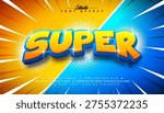 Super Text Effect Design Editable Comic Vector Graphic Style with Colorful 3d Cartoon Font on Retro Movie Background. Premium Customizable Typography Lettering Illustration Template for Greeting Card, Banner, Flyer, Invitation, Brochure or Promotional Poster
