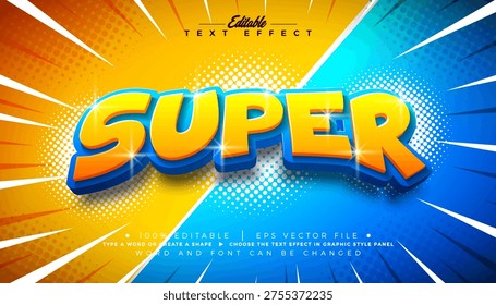 Super Text Effect Design Editable Comic Vector Graphic Style with Colorful 3d Cartoon Font on Retro Movie Background. Premium Customizable Typography Lettering Illustration Template for Greeting Card, Banner, Flyer, Invitation, Brochure or Promotional Poster