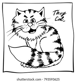 Super Thug kitty on the holiday rest.  infantile outline sketch cat for coloring book. Bandit animal for print. Doodle sleepy cartoon lazy tom
