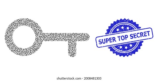 Super Top Secret textured stamp seal and vector fractal composition key. Blue stamp seal contains Super Top Secret caption inside rosette. Vector collage is organized of scattered rotated key icons.