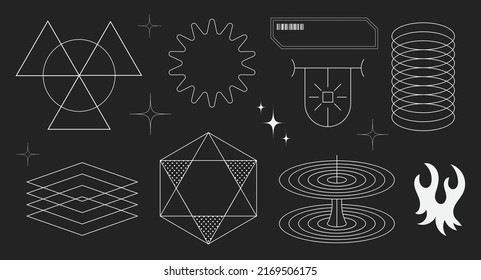 Super trendy geometric Y2K brutalism styled linear shapes. Set including stars, deformation, bubbles, arrows and other trendy shapes.