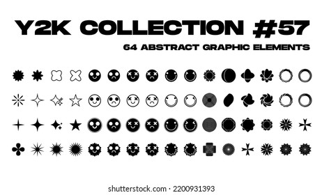 Super trendy geometric Y2K brutalism styled linear shapes. Set including stars, deformation, bubbles, arrows and other trendy shapes. Vector illustration