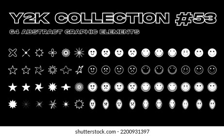 Super trendy geometric Y2K brutalism styled linear shapes. Set including stars, deformation, bubbles, arrows and other trendy shapes. Vector illustration