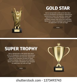Super trophy and gold star vector horizontal web banners. Shiny goblet statuette realistic illustrations on polygonal background