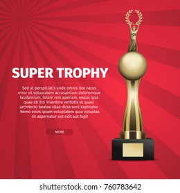 Super trophy web banner with realistic statuette with human figure on globe holding laurel wreath vector on stripped background for sports or business competitions landing page design
