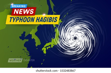 Super typhoon Hagibis, 5 category. Clouds funnel on map near japan, most powerful typhoon in japan, breaking news TV graphic design for weather channel, flat top view vector illustration.