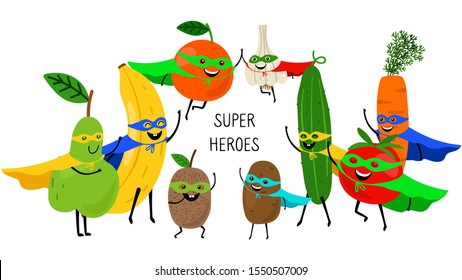 Super vegetables fruits. Superheroes with smiles and masks, carrot tomato banana orange pear isolated on white background. Vector fruits and vegetables, organic products