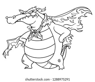 Super Villain Aligator Stands Up And Poses With Tattered Wings And Mask Coloring Book Cartoon Vector