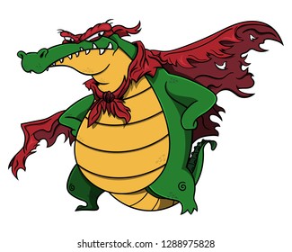 Super Villain Aligator Stands Up And Poses With Tattered Wings And Mask Cartoon Vector