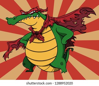 Super Villain Alligator Stands Up And Poses With Tattered Wings And Mask Cartoon Vector