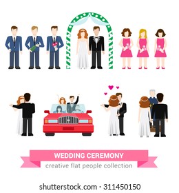 Super wedding ceremony marriage flat style infographic icon people set. Newlyweds wife husband bride groom dance best man groomsman bridesman usher honeymoon. Creative conceptual collection