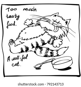 Super a well-fet wednesday cat. Sickness kitty on the holiday rest.  infantile outline sketch cat for coloring book. Kitty in   the morning for print. Doodle sleepy cartoon lazy tom. So much food
