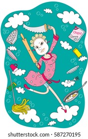 Super wife with a rolling pin and a saw flitting among the items for cleaning