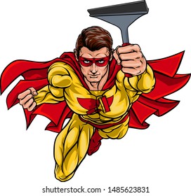 A super window cleaner hero or car wash man superhero holding squeegee