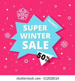Super winter banner. Hurry One day deal, special offer, big sale, clearance. Editable Bright Stock Vector Illustration. Pink Blue White Black