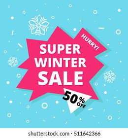 Super winter sale banner. Hurry One day deal, special offer, big clearance. Editable Bright Stock Vector Illustration. Pink Blue White Black