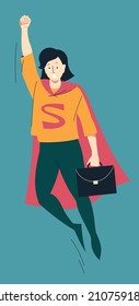 Super woman. A woman with a bag and a raincoat flies up. Vector image. 