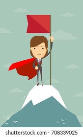 Super Woman with flag on a Mountain peak, Business success concept