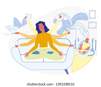 Super Woman and Mom with Many Hands. Busy Female Character Housework Part, Feeding Baby, Cleaning House, Cooking, Working with Tablet, Reading. Girl Shiva Hardworking Cartoon Flat Vector Illustration