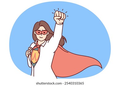 Super woman rips off shirt showing off superhero clothes and flying out to save business of those in trouble. Business woman superhero getting ready to save company for crisis management metaphor