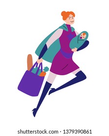 Super woman running with baby in hand and bag