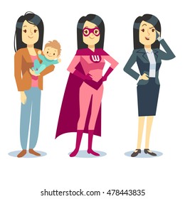 Super Woman In Superhero Costume, Mom With Baby, Businesswoman Balancing Vector Concept. Motherhood And Career Job Illustration