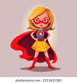 Super woman. Young woman dressed as a superhero wearing a red mask and a red cloak. Vector illustration