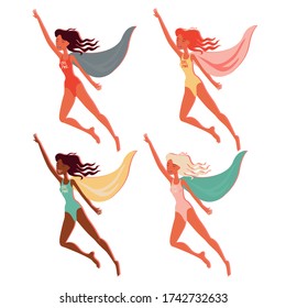 Super women in multi-colored swimsuits with the inscription girl power and raincoats soaring. Retro style. Feminist. Women's Day. Cartoon illustration, vector.