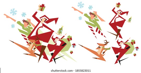 Super xmas team including Santa Claus, Ms.Claus, elf and rudolf the reindeer. Vector illustration. 