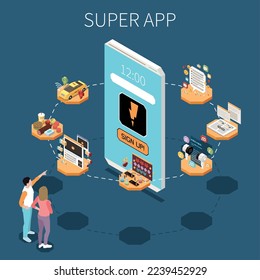 Superapp isometric composition with mobile phone surrounded by application icons vector illustration