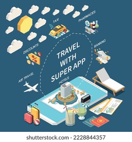 Concepto isométrico de superapp con teléfonos móviles y aplicaciones de viajes Signos vectoriales ilustración