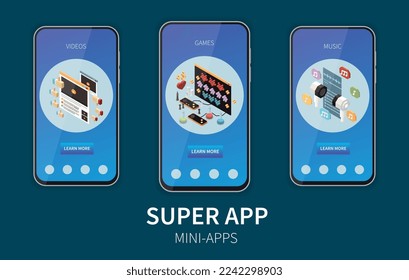 Superapp isometric set with mobile phone and application icons vector illustration
