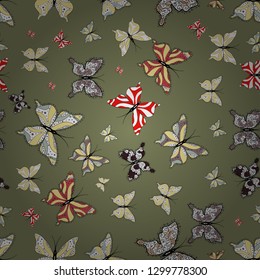 Superb background for design of fabric, paper, wrappers and wallpaper. Brown, white and yellow butterflies. Vector illustration. Seamless. Exotic animals.