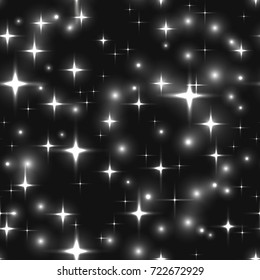 Superb monochromatic stars dark seamless background.Neon grey star firework on sky - seamless pattern. white lights for xmas or new year eve.