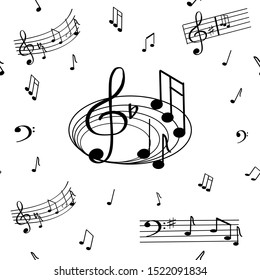 Superb, musical, seamless pattern on a white background. The notes, treble and bass clef are made in black. Can be used for posters, scans, fabrics.