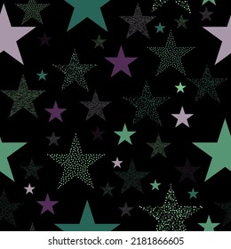 Superb spectrum stars dark seamless background. Gorgeous glittering seamless background with rainbow stars and blurs.
