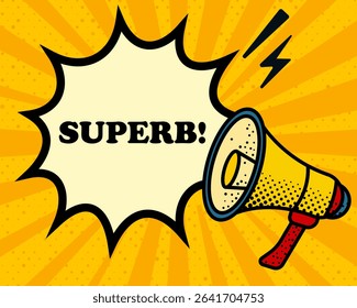 Superb speech bubble. Megaphone, lightning, speech burst, sound lines, pop art style, loudspeaker, public speaking, yellow background, expression, voice, alert, broadcast