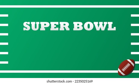 Superbowl rugby ball day.  American football on green field yard line background vector flat style. Suitable for poster, cover, web, social media banner.