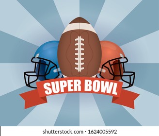superbowl sport poster with helmets and balloon vector illustration design
