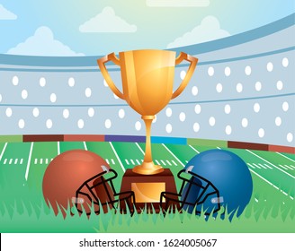 superbowl sport poster with trophy and helmets vector illustration design