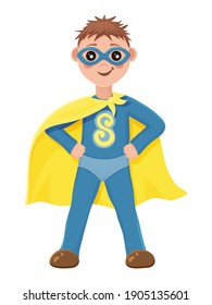 superboy. a boy in a blue superhero costume. Cartoon style. Vector illustration. Isolated on white.