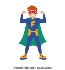 Superboy or superchild. Cute boy wearing mask, bodysuit and cape standing in powerful posture. Brave and strong kid hero or secret agent with super power. Vector illustration in flat cartoon style.