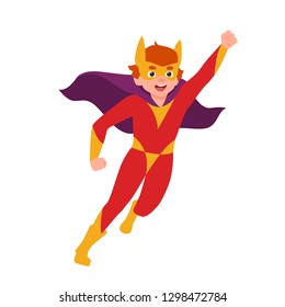 Superboy, Superchild Or Secret Super Agent Standing In Powerful Posture. Boy Wearing Mask, Bodysuit And Cape. Brave And Strong Hero Kid Or Child. Colorful Vector Illustration In Flat Cartoon Style.