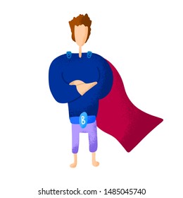 Superboy, Superchild Or Secret Super Agent Standing In Powerful Posture. Boy Wearing Mask, Doodle Bodysuit And Cape. Flat Brave And Strong Hero Kid Or Child.
