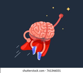 super-brain, flies into the sky in a red cloak. Modern flat style thin line vector illustration.