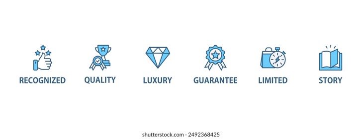 Superbrand Banner Web Icon Vektorillustration Konzept mit Ikone von Luxus, High-End, Story, Ruf, Qualität, Garantie, anerkannt, begrenzt und Loyalität